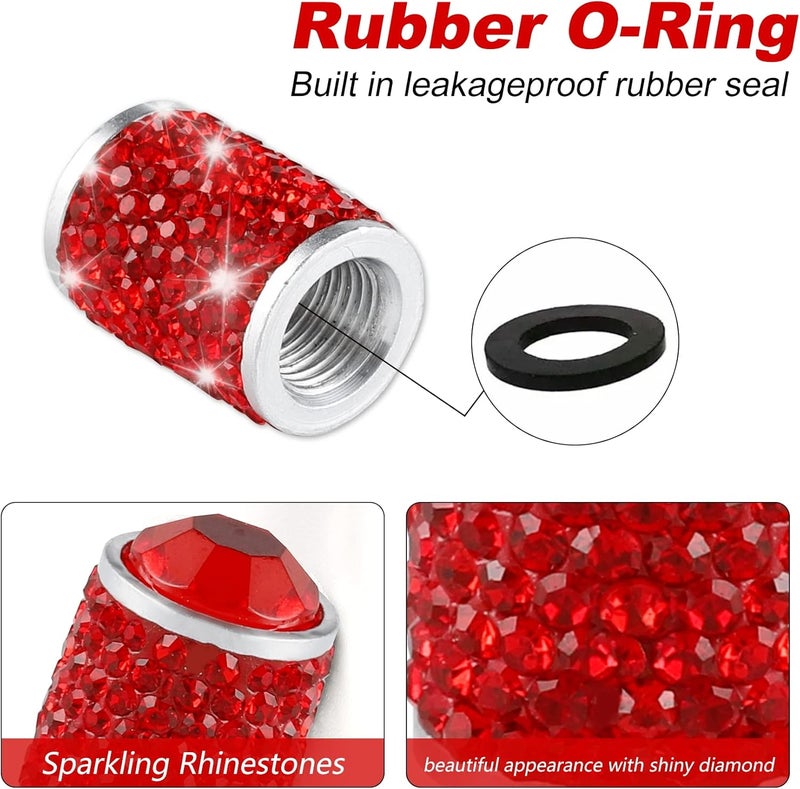 alpmosn Car Wheel Tire Valve Caps, 4 PCS Bling Tire Valve Caps, Crystal Tire Caps Shinny Rhinestone for Women, Universal Car Dustproof Tire Valve Caps for Cars, Trucks, SUV and Motorcycles (Red) - Image 3